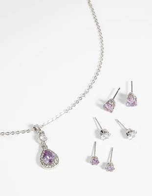 Purple Diamond Simulant Teardrop Necklace & Earrings Set