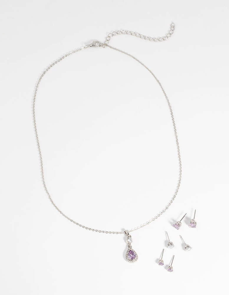 Purple Diamond Simulant Teardrop Necklace & Earrings Set