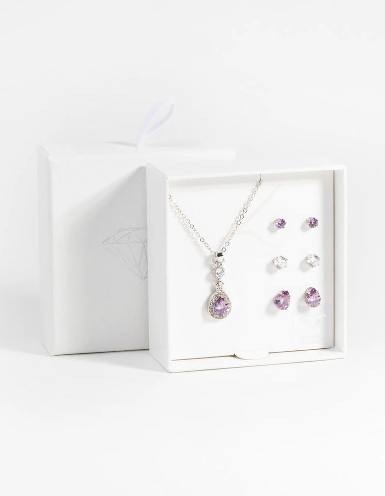 Purple Diamond Simulant Teardrop Necklace & Earrings Set