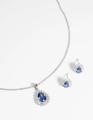 Sapphire Diamond Simulant Necklace & Earrings Set