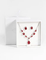 Ruby Diamond Simulant Oval Necklace & Earrings Set