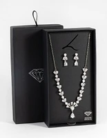 Rhodium Diamond Simulant Teardrop Necklace & Earrings