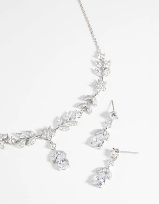 Rhodium Diamond Simulant Floral Necklace & Earrings Set