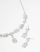 Silver Diamond Simulant Floral Necklace & Earrings Set