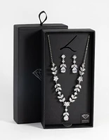 Silver Diamond Simulant Floral Necklace & Earrings Set