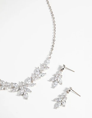 Silver Diamond Simulant Navette Necklace & Earrings Set