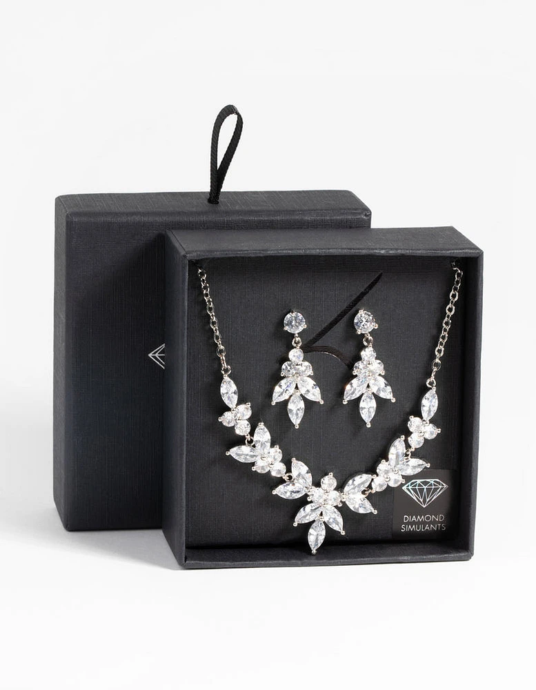 Rhodium Diamond Simulant Navette Necklace & Earrings Set