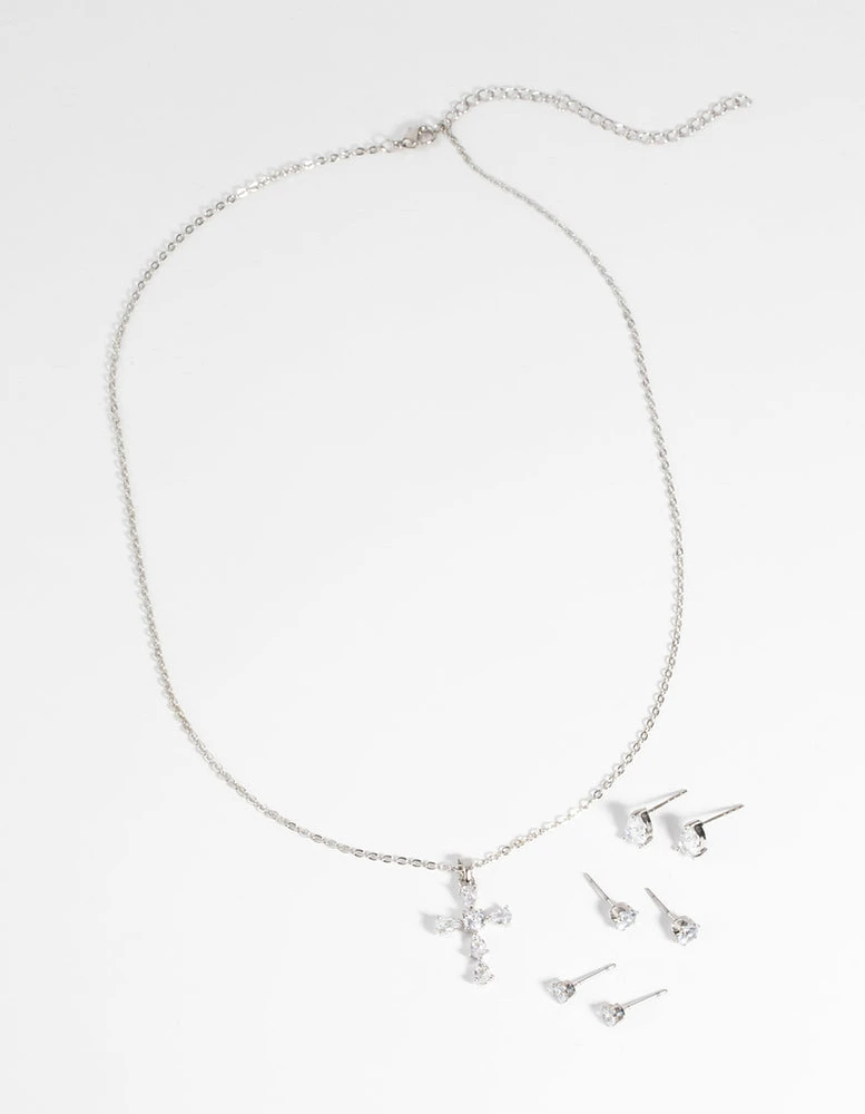 Rhodium Diamond Simulant Cross Necklace & Earrings Set