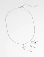 Rhodium Diamond Simulant Cross Necklace & Earrings Set