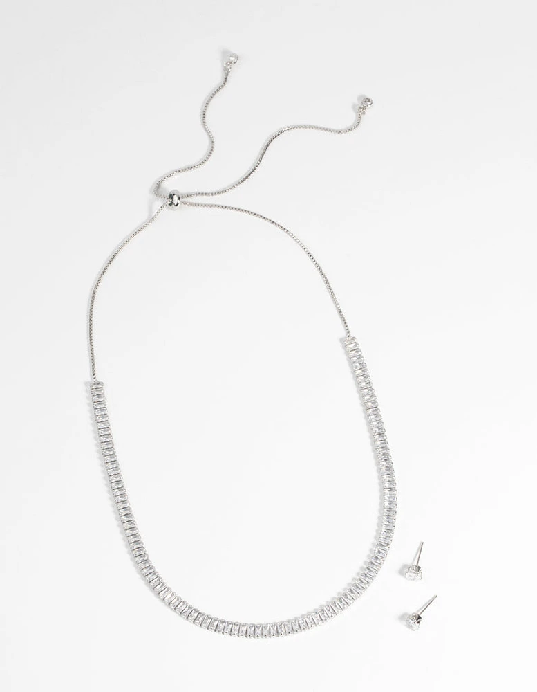 Rhodium Diamond Simulant Baguette Necklace & Earrings Set