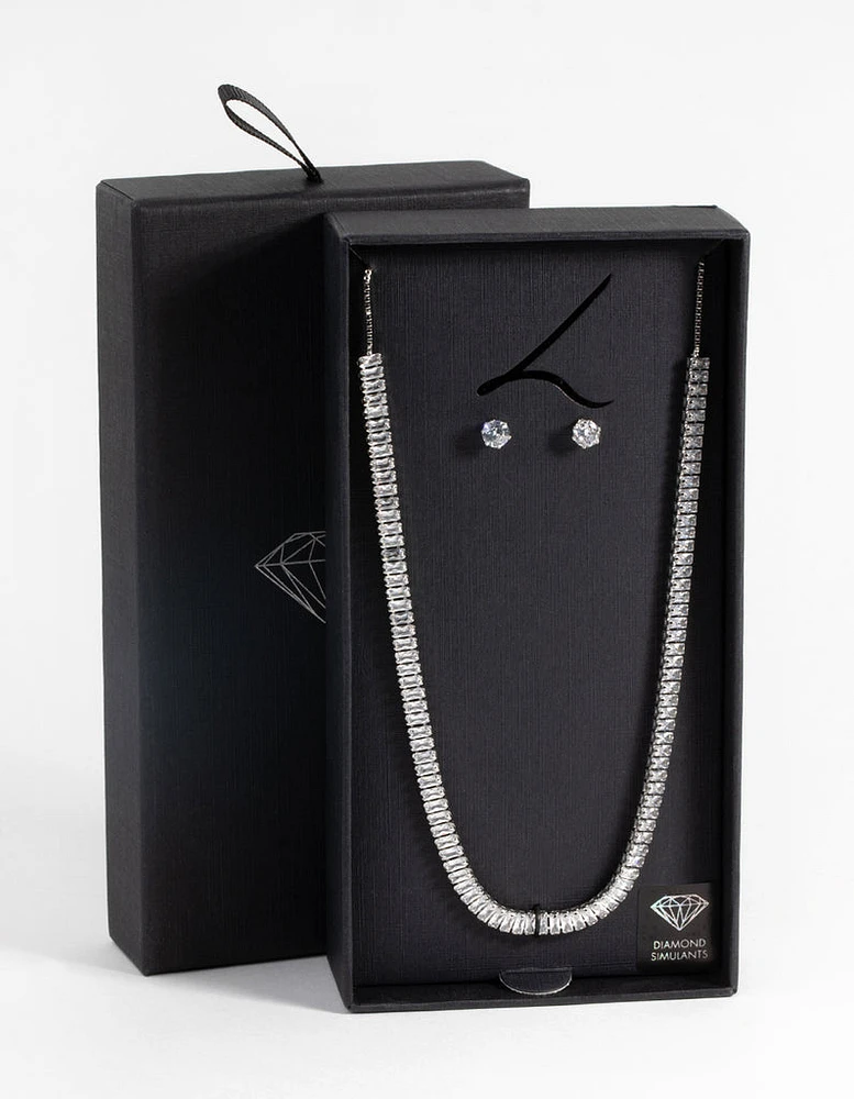 Rhodium Diamond Simulant Baguette Necklace & Earrings Set