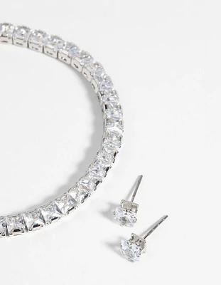 Silver Square Diamond Simulant Bracelet & Earrings Set