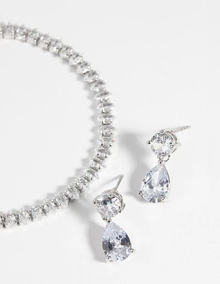 Rhodium Diamond Simulant Marquise Bracelet & Earrings Set