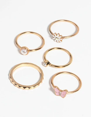 Pink Butterfly & Pearl Ring 5-Pack