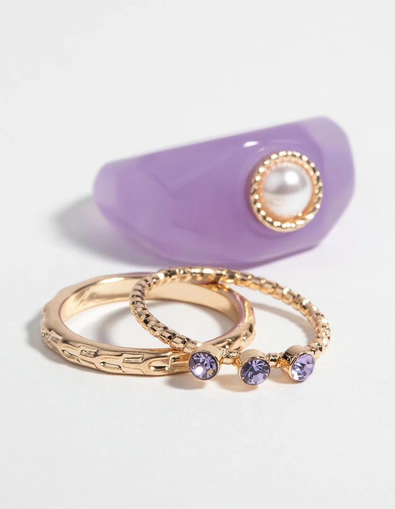 Purple Pearl & Diamante Ring Pack