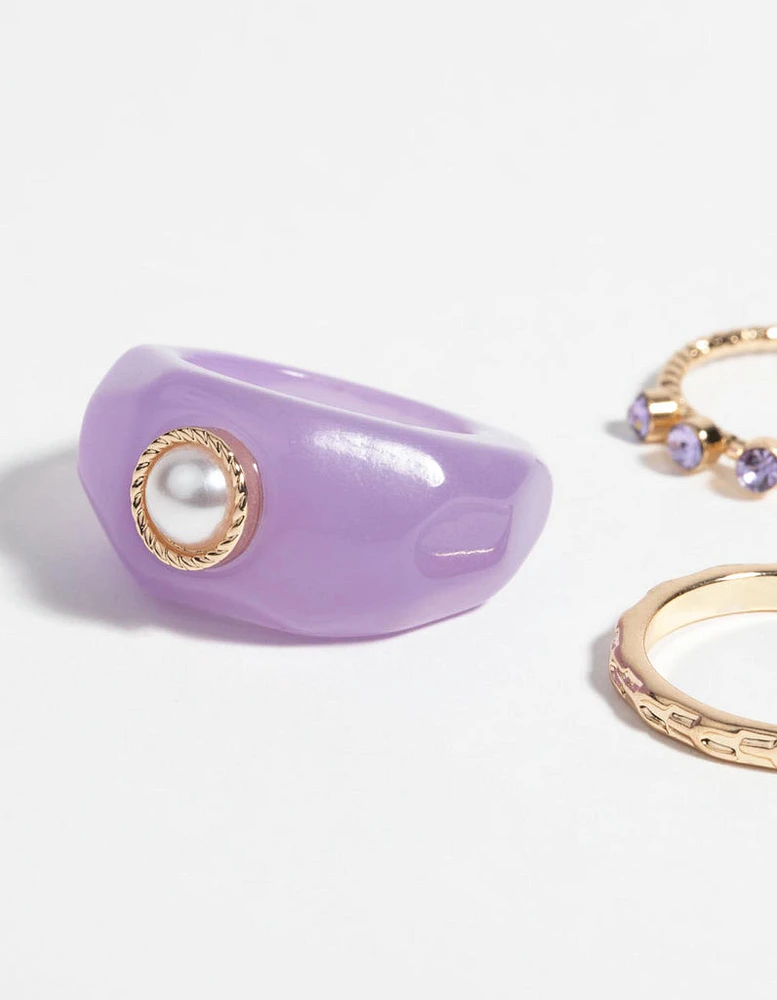 Purple Pearl & Diamante Ring Pack