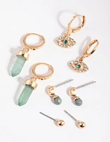 Gold Evil Eye Stack Pack Earrings with Green Fluorite