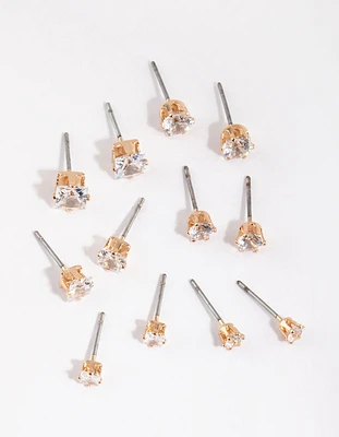 Gold Cubic Zirconia Classic Stud Earring 6-Pack