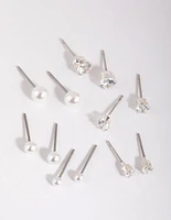 Silver Cubic Zirconia & Pearl Stud Earring 6-Pack