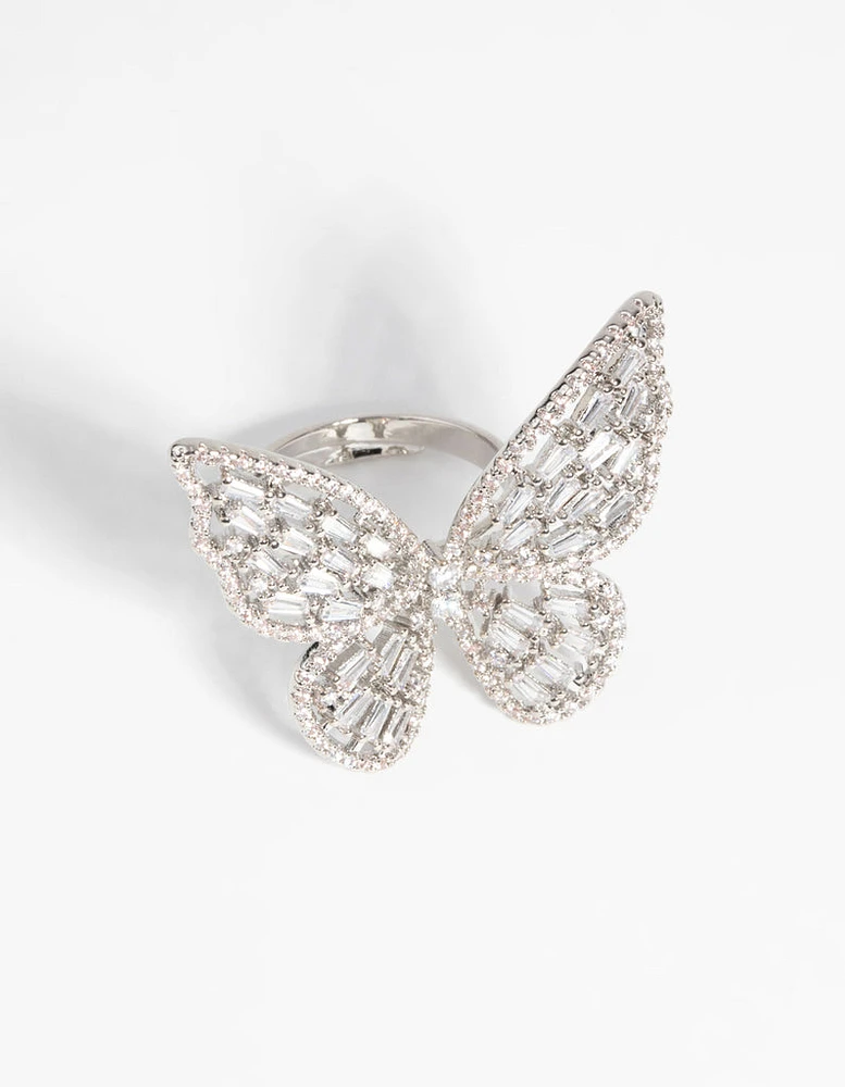 Rhodium Cubic Zirconia Butterfly Statement Ring