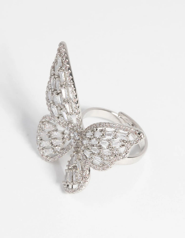 Rhodium Cubic Zirconia Butterfly Statement Ring