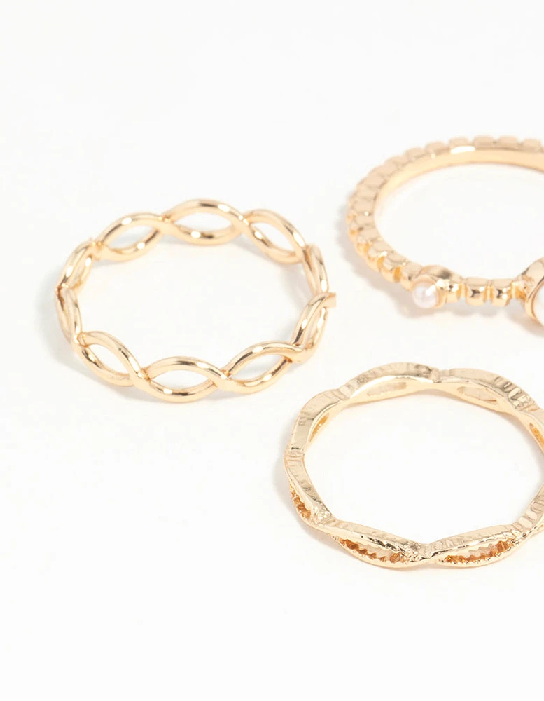 Gold Pearl & Twist Ring 5-Pack