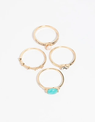 Gold Pearl & Semi-Precious Ring 4-Pack