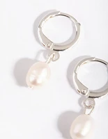 Silver Freshwater Pearl Huggie Hoop Earrings