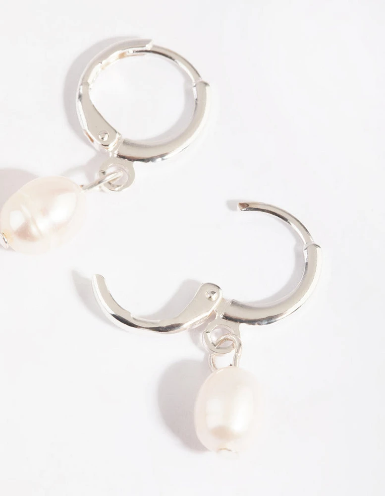 Silver Freshwater Pearl Huggie Hoop Earrings