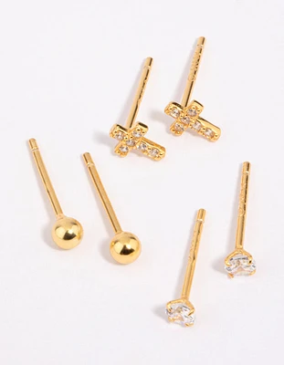 Gold Plated Sterling Silver Cross & Diamante Stud Earring Pack