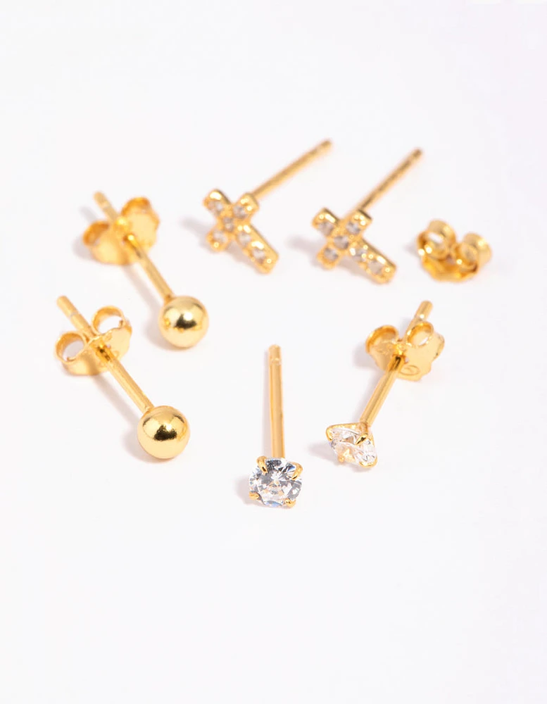 Gold Plated Sterling Silver Cross & Diamante Stud Earring Pack