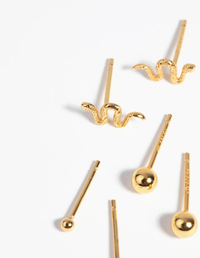 Gold Plated Sterling Silver Snake Stud Earring Pack