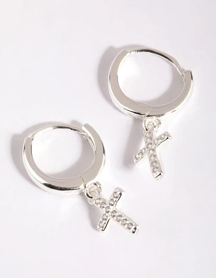 Sterling Silver Cubic Zirconia Cross Huggie Hoop Earrings