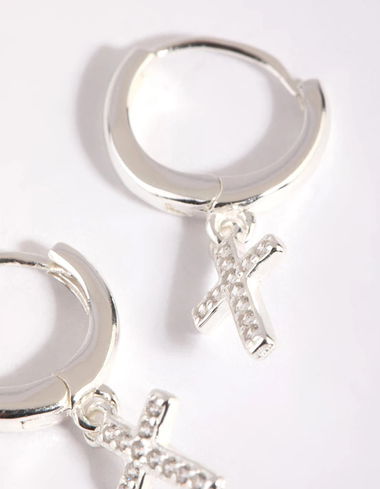 Sterling Silver Cubic Zirconia Cross Huggie Hoop Earrings