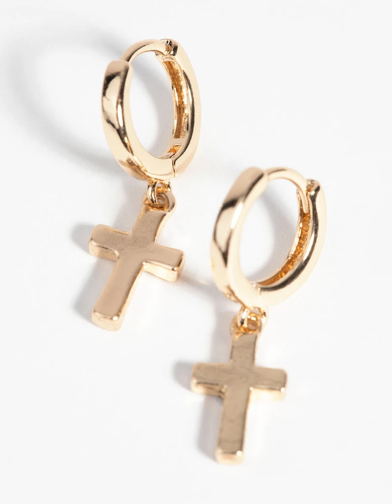 Gold Cross Huggie Hoop Earrings