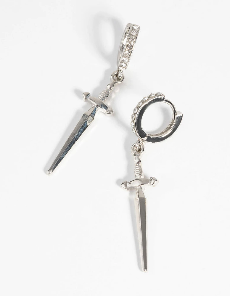 Rhodium Dagger Huggie Hoop Earrings