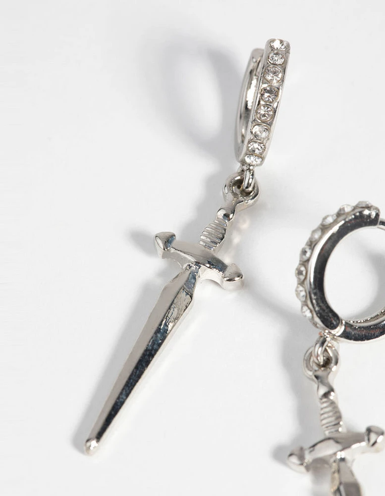 Rhodium Dagger Huggie Hoop Earrings