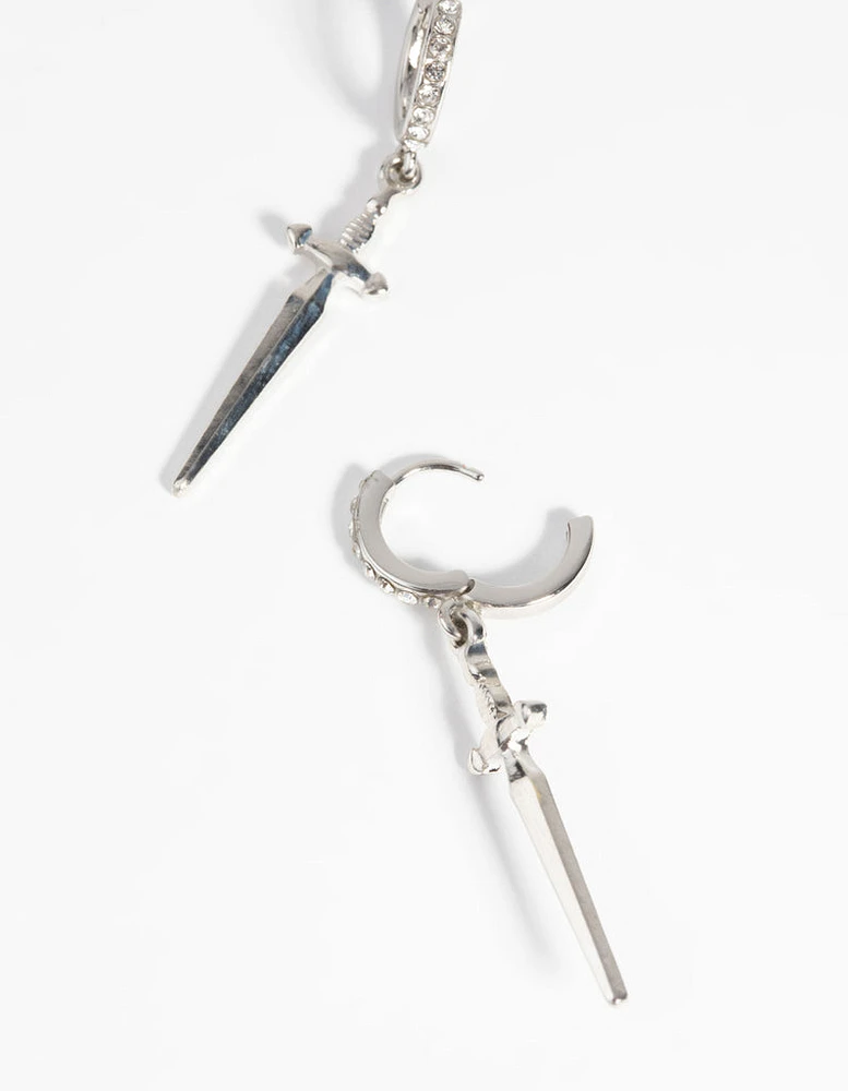 Rhodium Dagger Huggie Hoop Earrings