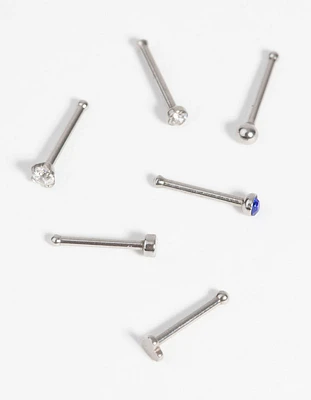 Surgical Steel Heart Nose Stud with Diamante 6-Pack