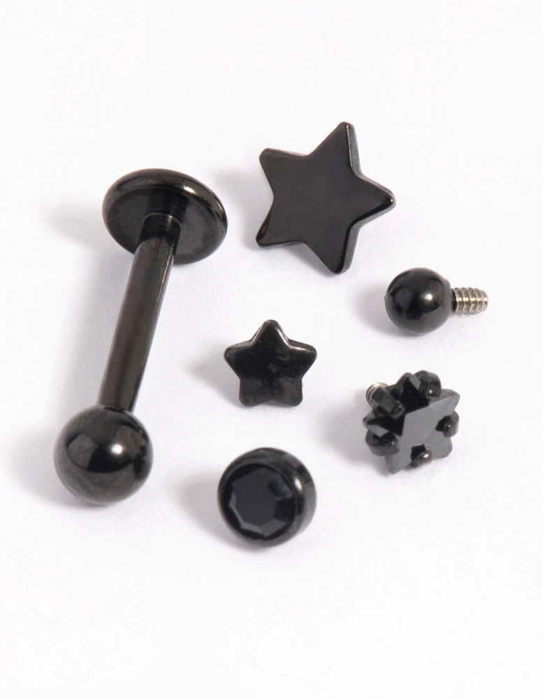 Matte Black Surgical Steel Diamante Star Flat Back 6-Pack