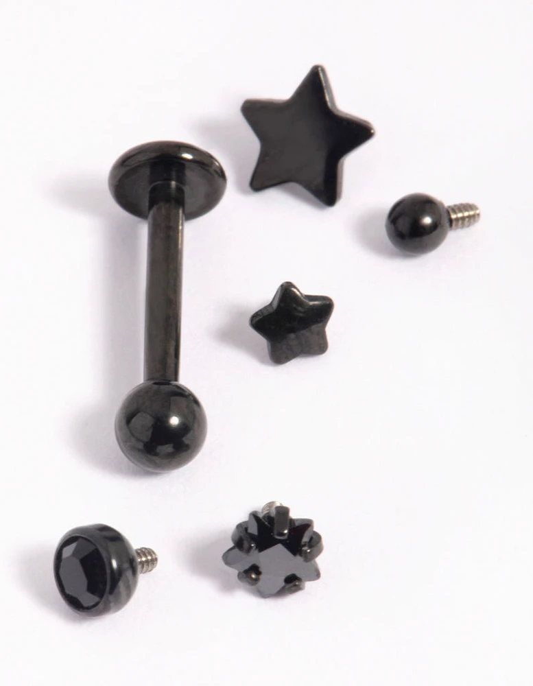 Matte Black Surgical Steel Diamante Star Flat Back 6-Pack