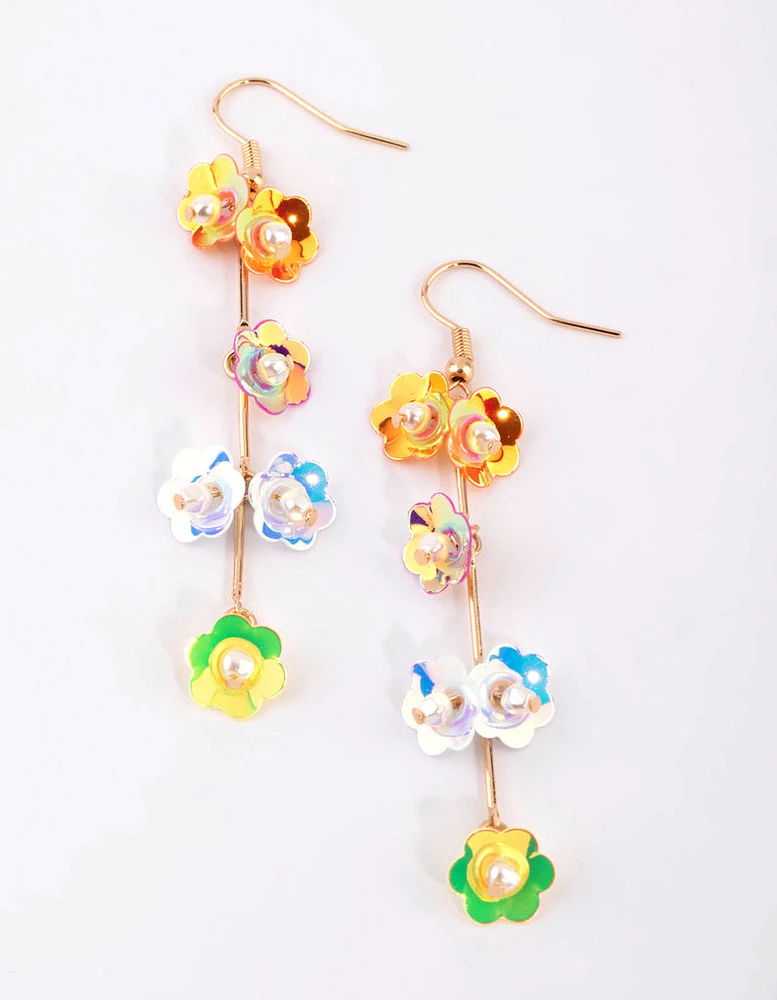 Gold Metallic Flower Drop Earrings