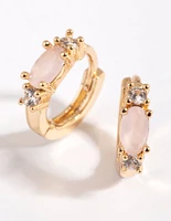 Rose Quartz & Diamante Huggie Hoop Earrings