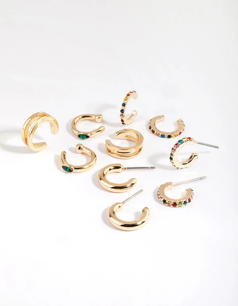 Gold & Colourful Cuff & Huggie Hoop Earring Stack 5-Pack