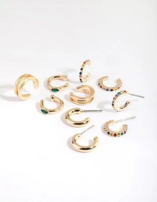 Gold & Colourful Cuff & Huggie Hoop Earring Stack 5-Pack