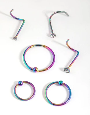 Surgical Steel Rainbow Nose Ring 6-Pack