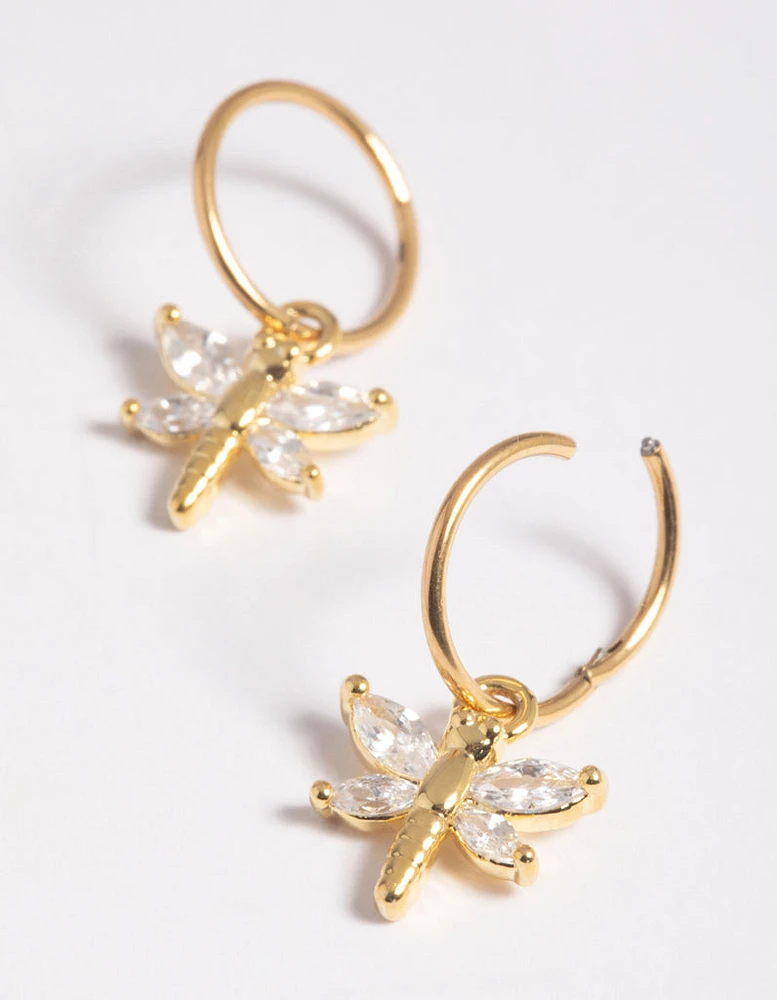 Gold Plated Surgical Steel Cubic Zirconia Dragonfly Hoop Earrings