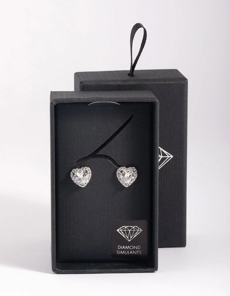 Rhodium Diamante Heart Stud Earrings