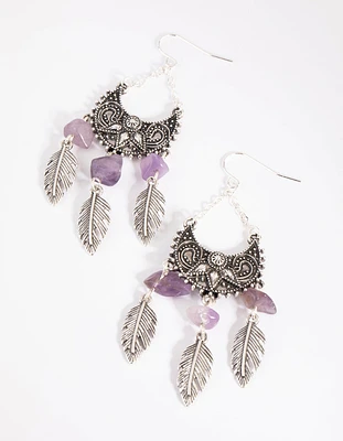 Antique Silver Fan Drop Earrings with Amethyst