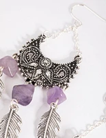 Antique Silver Fan Drop Earrings with Amethyst